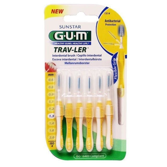 GUM Trav-Ler interdentale ragers 1,3mm geel, blisterverpakking met zes borstels