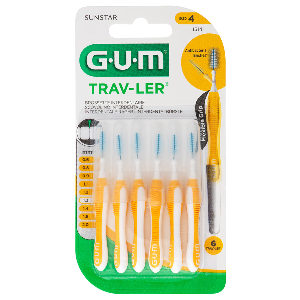 GUM Trav-Ler 1,3mm geel interdentale ragers verpakking met zes stuks ISO 4