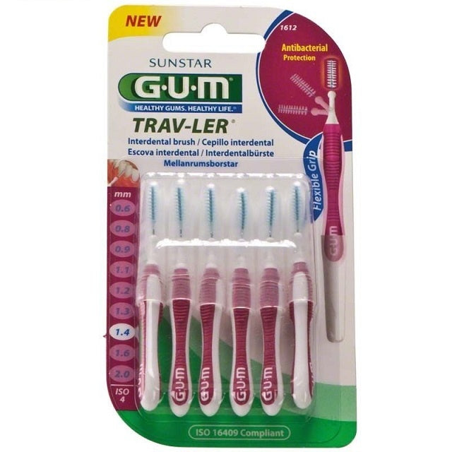 GUM Trav-Ler interdentale borsteltjes 1,4mm bordeaux verpakking met zes stuks