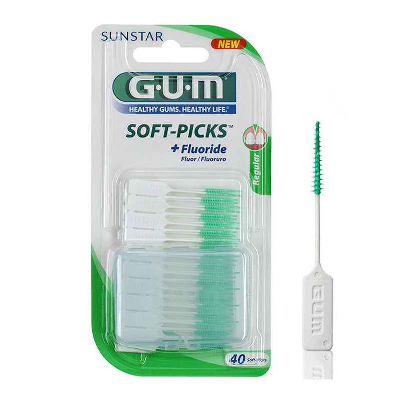 Gum Soft-Picks Original Medium verpakking met 40 stuks en detail van rager