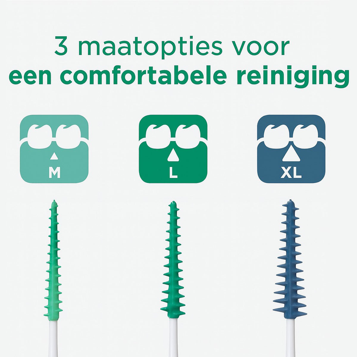 GUM Soft-Picks Original maatopties M, L en XL naast elkaar getoond