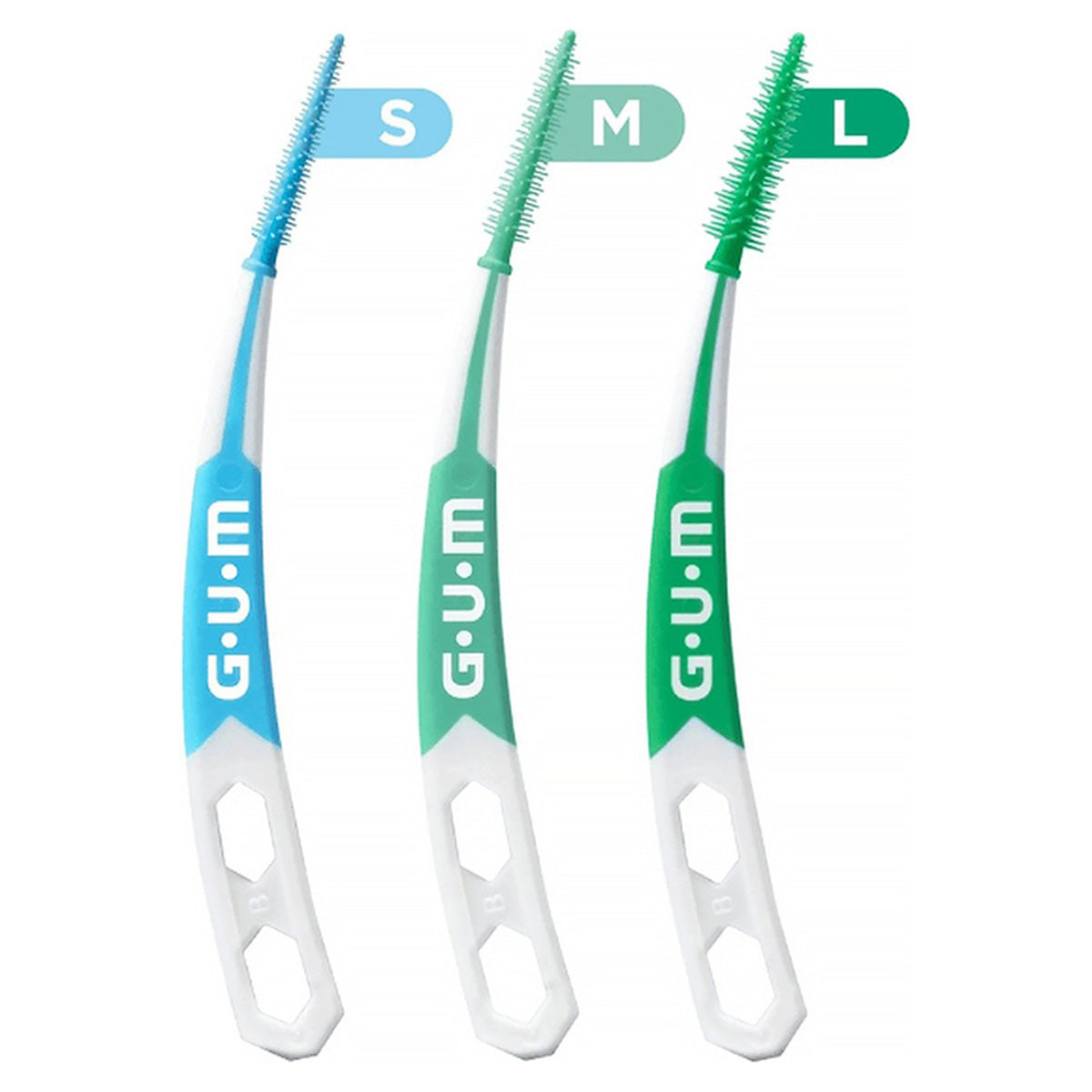 GUM Soft-Picks PRO maten S, M en L naast elkaar in blauw en groen