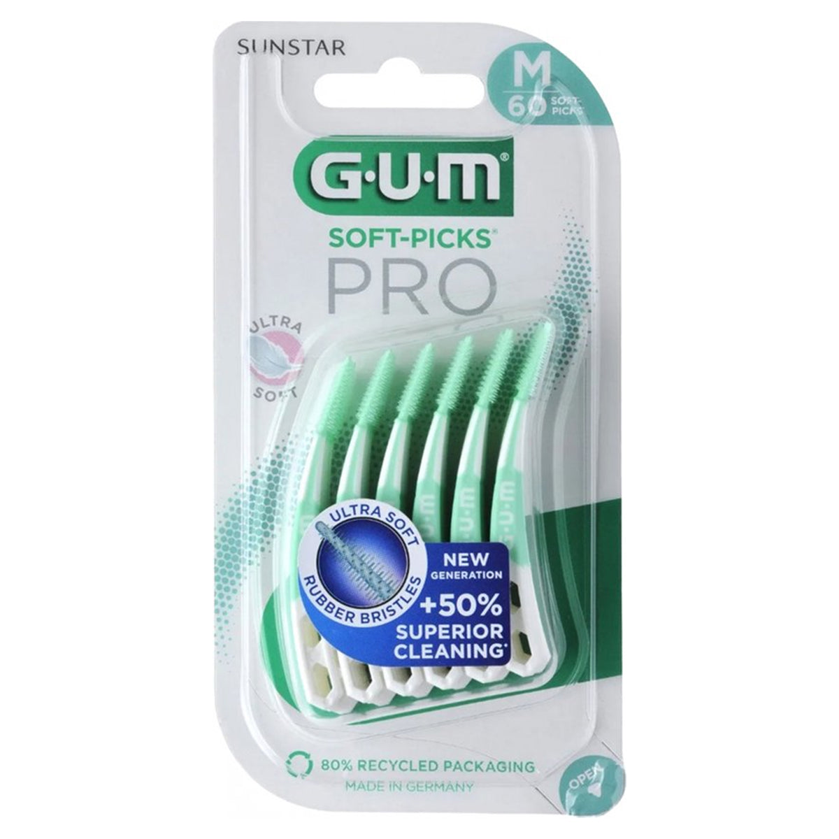 GUM Soft-Picks PRO Medium lichtgroen verpakking met 60 tandenstokers zichtbaar