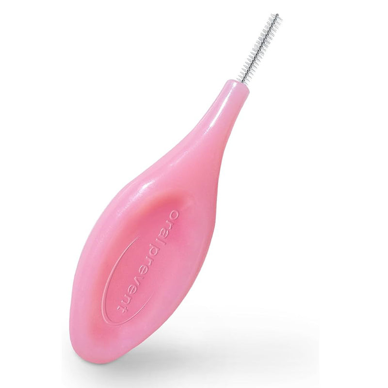 Oral Prevent Smart Grip rager roze met flexibele metalen borstelkop in close-up