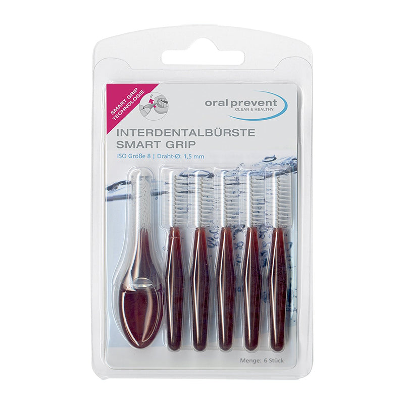 Oral Prevent Smart Grip ragers verpakking met 6 bruine ragers 1,5mm ISO 8