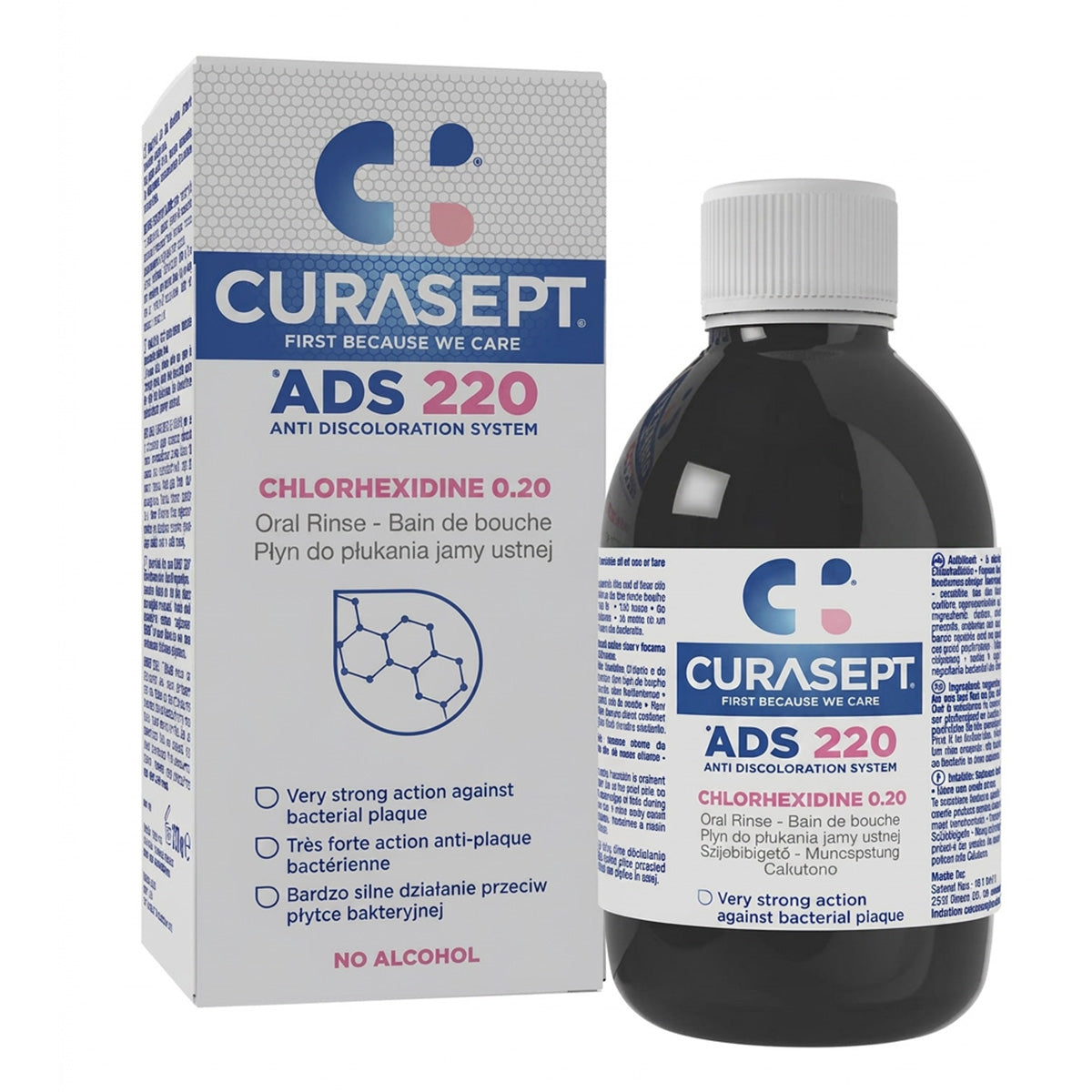 Curasept ADS DNA 220 mondspoelmiddel 0,20% chx doos en fles naast elkaar