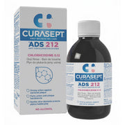 Curasept ADS 212 mondspoelmiddel 0,12% chx met verpakking en fles naast elkaar