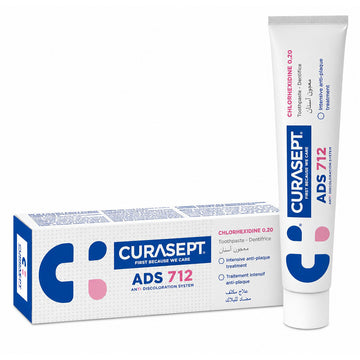 Curasept ADS 712 Gel-Tandpasta 0.12% chx verpakking en tube naast elkaar