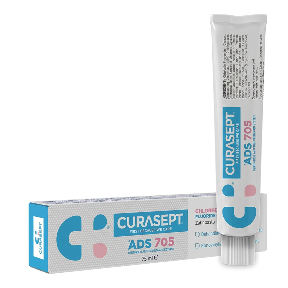 Curasept ADS 705 Gel-Tandpasta verpakking en tube naast elkaar, 75 ml