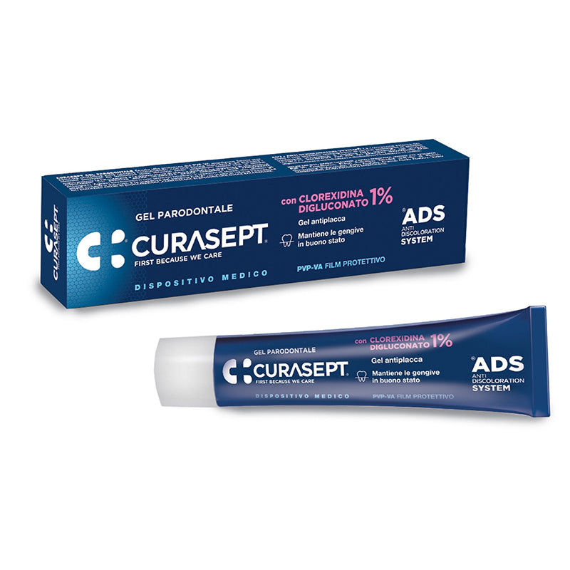 Curasept ADS Parodontaal Gel 1% chx blauwe verpakking met tube ernaast