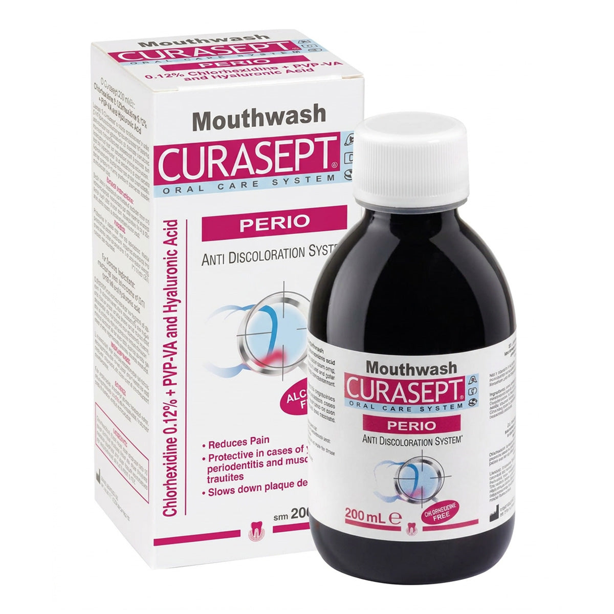 Curasept ADS Perio 0,12% CHX mondspoeling verpakking en fles met doseerdop 200 ml