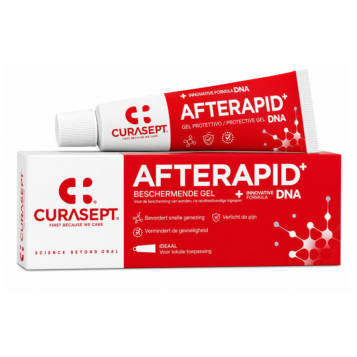 Curasept AfteRapid DNA beschermende gel, tube en verpakking naast elkaar