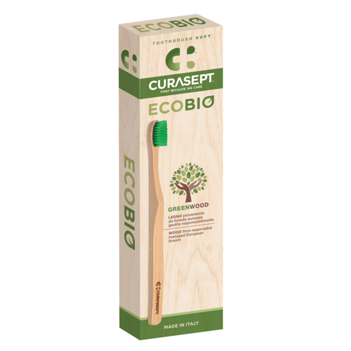 Curasept Ecobio Soft houten tandenborstel met verpakking en groene opzet naast elkaar