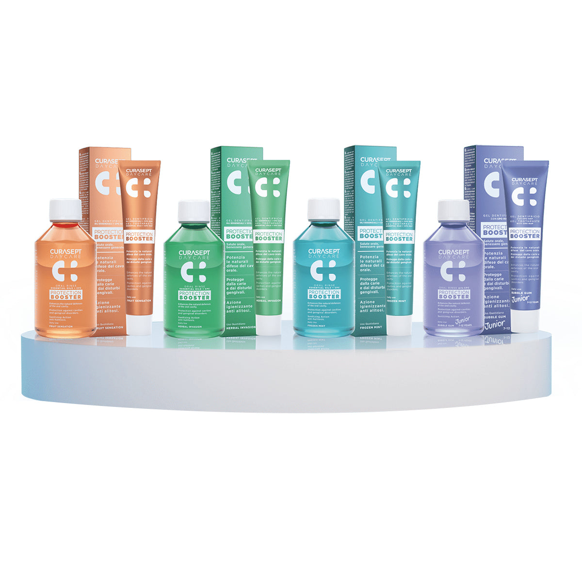 Curasept tandpasta Fruit Sensation naast complete serie in oranje, groen, blauw en paars