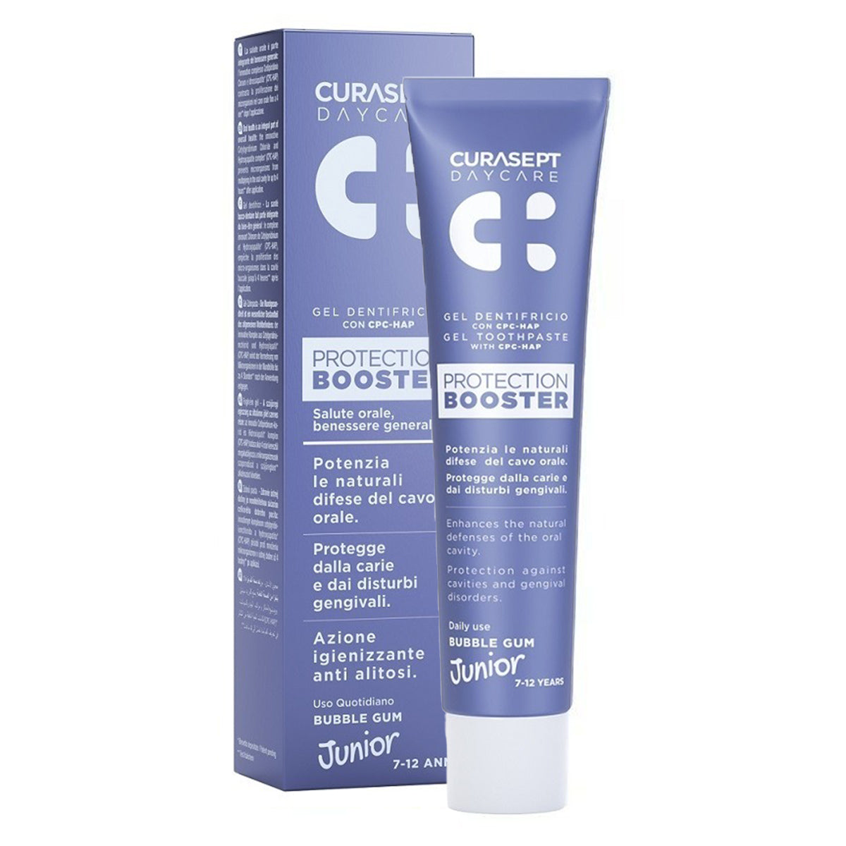 Curasept Dent Daycare tandpasta Booster Junior verpakking en tube naast elkaar