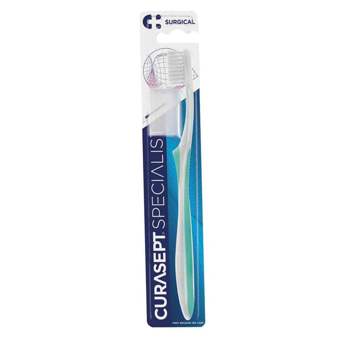Curasept Specialist Surgical tandenborstel in blisterverpakking met blauw-groen handvat