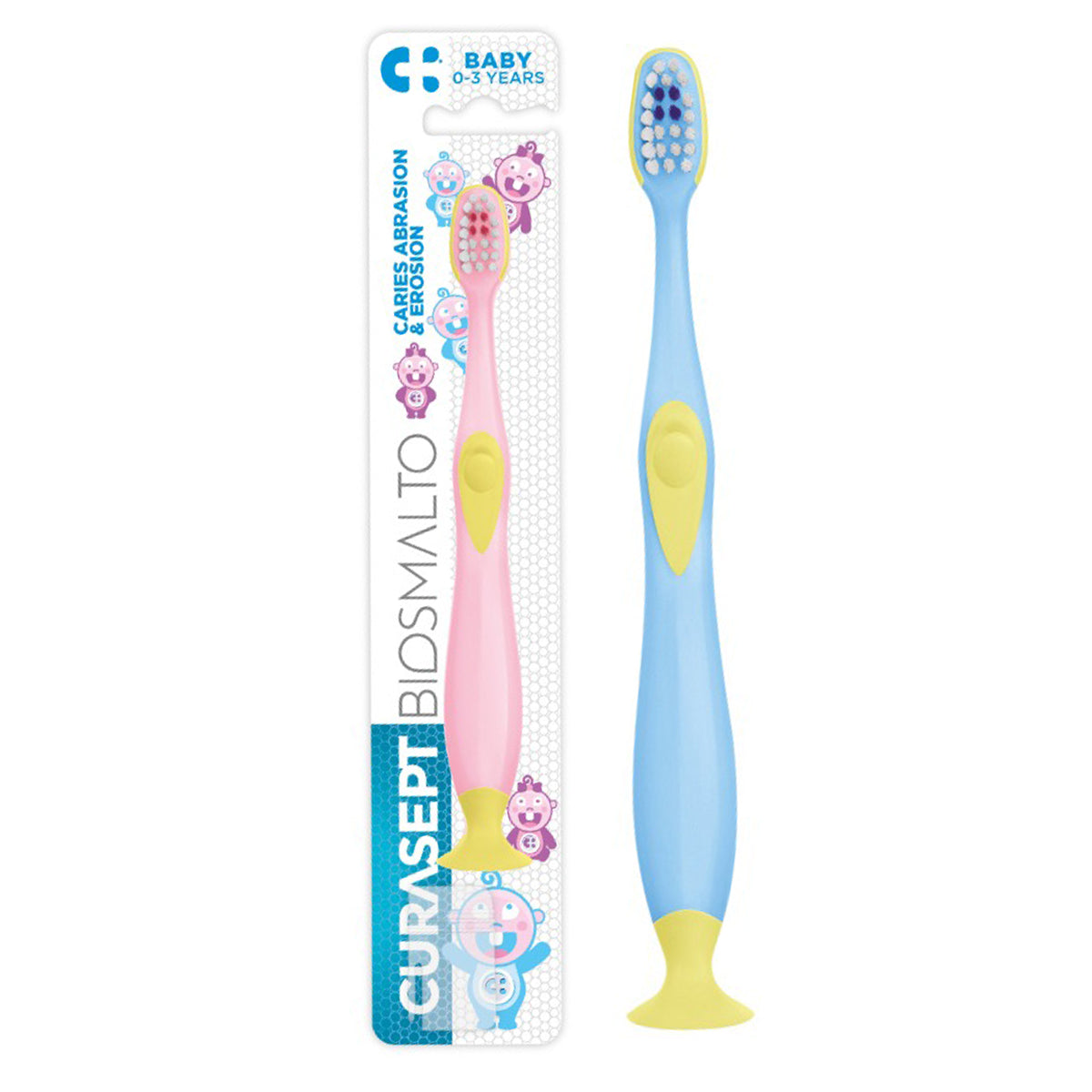 Curasept Biosmalto tandenborstel baby 0-3 jaar in blauw en verpakking in roze