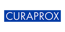 Curaprox logo in witte letters op blauwe achtergrond
