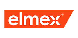 Elmex logo op oranje achtergrond met witte pijlvorm