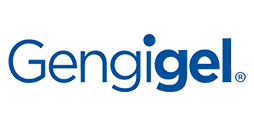 Gengigel logo in blauwe letters op witte achtergrond