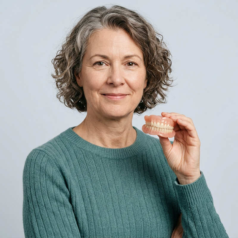 Vrouw met grijs haar houdt een kunstgebit vast in haar hand