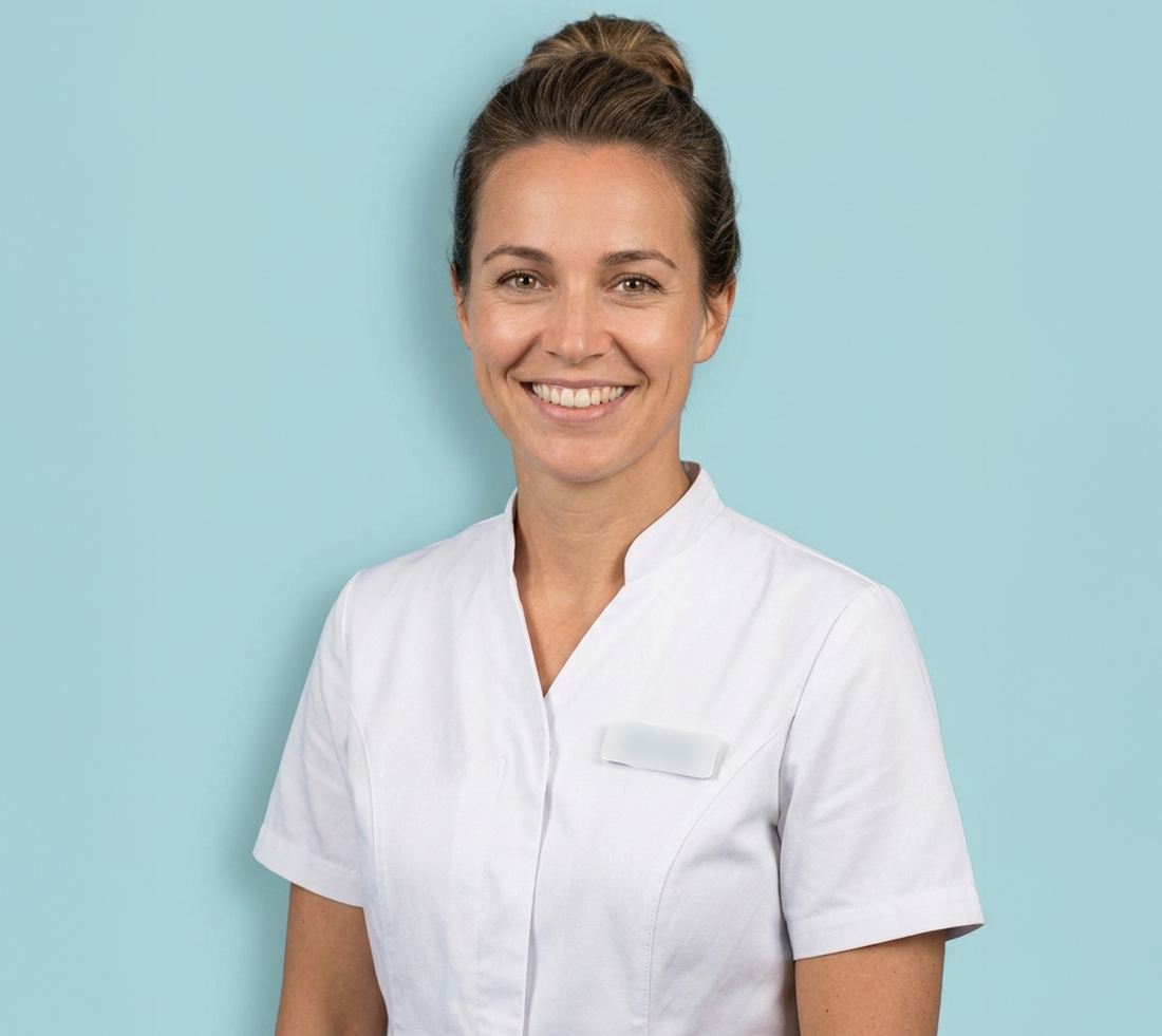 Lachende mondhygiëniste in wit uniform tegen lichtblauwe achtergrond