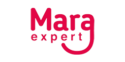 Mara Expert logo in rood met glimlachende krul onder de tekst