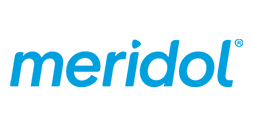 Meridol logo in blauwe letters op witte achtergrond