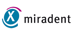 Miradent logo met blauw-roze X-symbool en merknaam