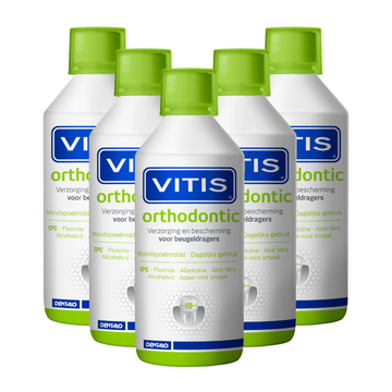 Vitis Orthodontic Mondspoeling flessen voor beugeldragers, vijf flacons naast elkaar