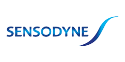 Sensodyne logo in blauwe letters met golvend lijnicoon