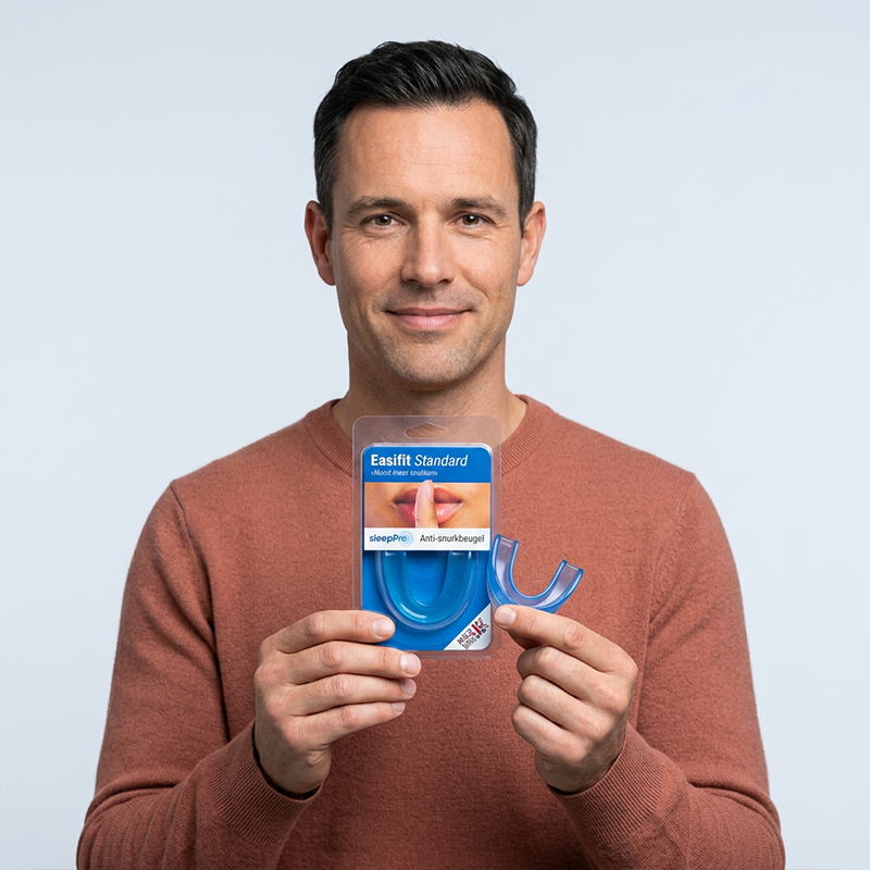 SleepPro Easifit Standard anti-snurkbeugel verpakking vastgehouden door glimlachende man