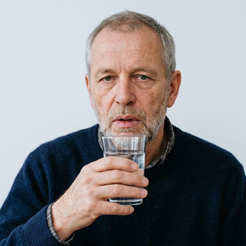 Oudere man met glas water in de hand tijdens mondspoeling