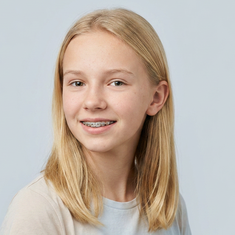 Lachend meisje met blonde haren en beugel op tanden