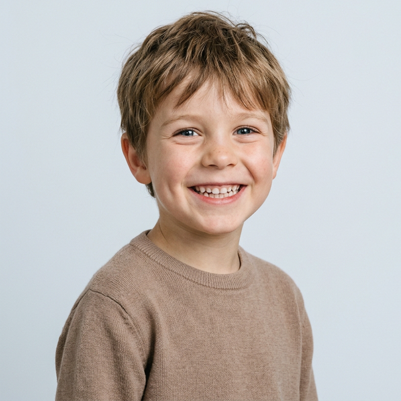 Lachende jongen met bruine trui toont stralend gebit met tanden