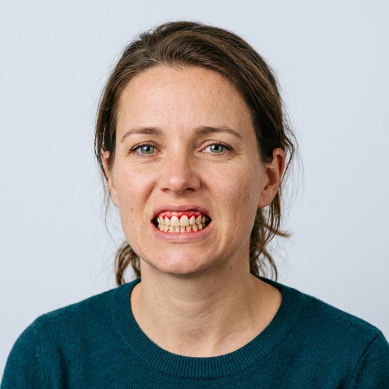 Vrouw laat verkleurd tandvlees en tanden zien met ontblote mond