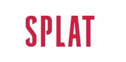 Splat logo in rode hoofdletters op witte achtergrond