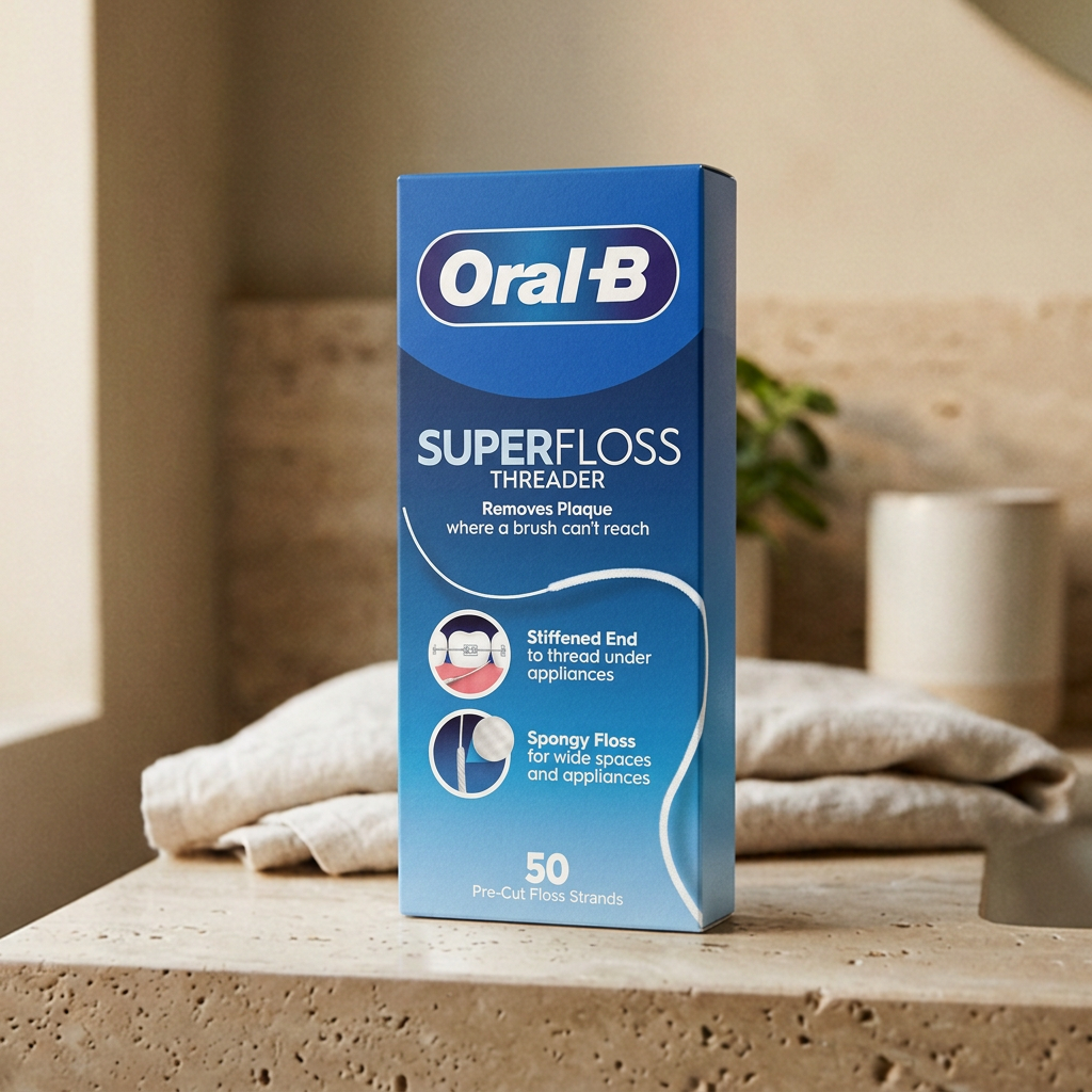 Oral-B SuperFloss Threader verpakking van 50 stuks op badkamerplank