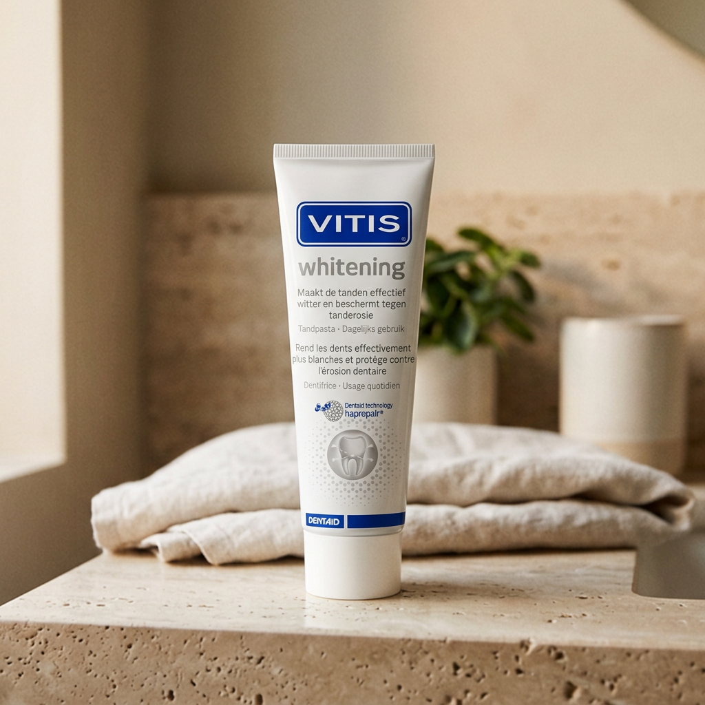 Vitis Whitening tandpasta tube op badkamerplank met handdoeken en plant