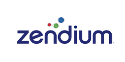 Zendium logo met blauwe tekst en gekleurde stippen